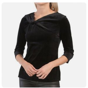 Andrea Jovine Velvet Twist Front Black Top M 3/4 Sleeve NWOT
